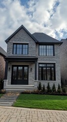 This contemporary stone house features expansive windows and a beautifully maintained yard, situated in a quiet suburban neighborhood, casting a serene atmosphere beneath the cloudy sky