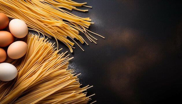dry pasta with eggs against a dark background with copy space image place for adding text or design
