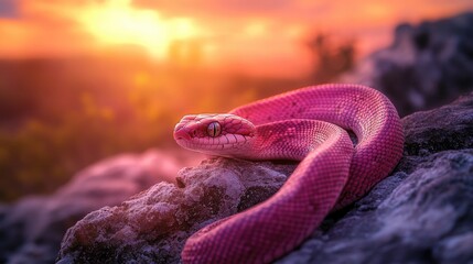Fototapeta premium A serene sunset scene with a vibrant pink snake resting on sunlit rocks, the warm colors of the sunset creating a tranquil atmosphere in nature embrace