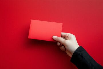 Hand holding plain red envelope on a red background with copy space. Chinese red envelope containing a gift of cash, hongbao, for Chinese lunar new year.