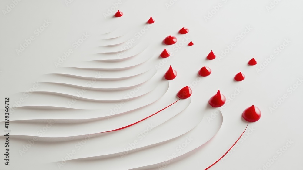 Poster a series of red paint droplets forming ripples on a white background, capturing the beauty of motion