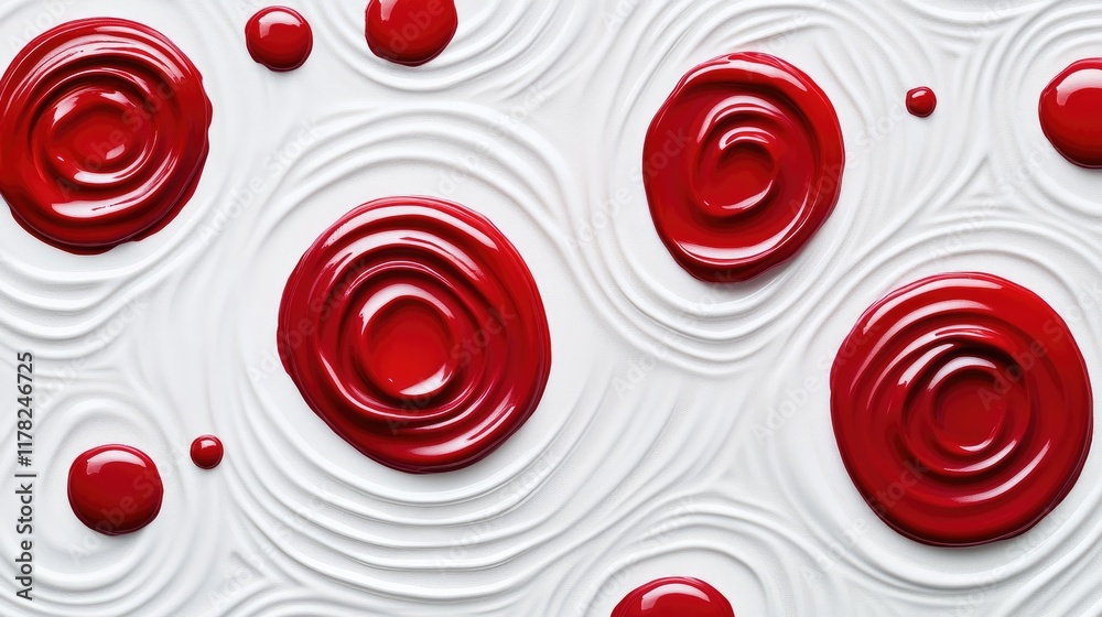 Poster a series of red paint droplets forming ripples on a white background, capturing the beauty of motion