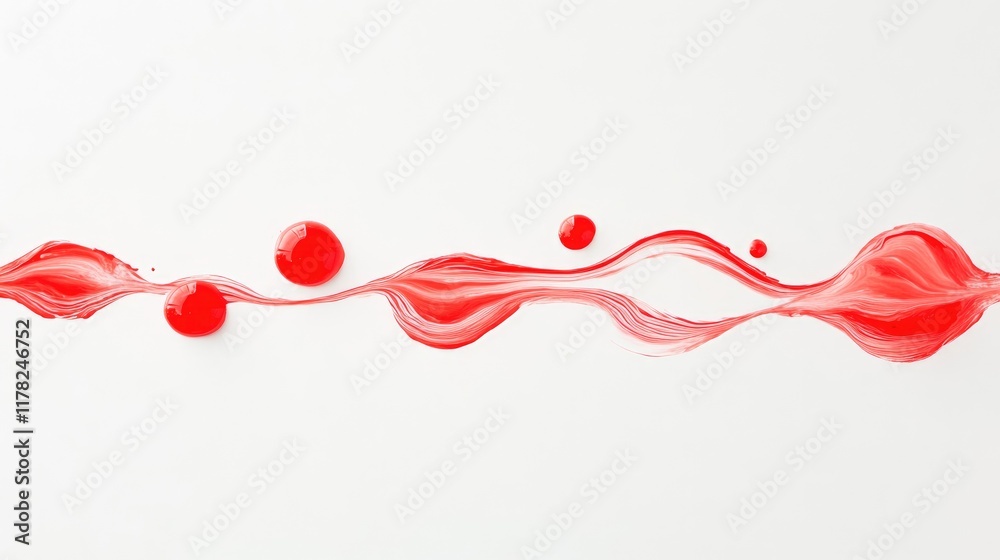 Poster a series of red paint droplets forming ripples on a white background, capturing the beauty of motion
