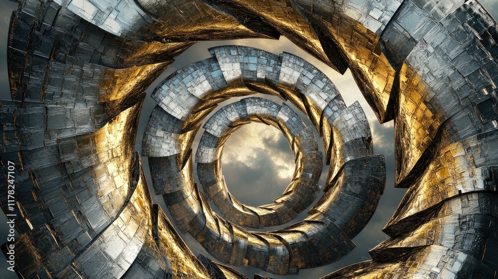Poster A shimmering gold and silver mosaic spiral with cloudy skies in the background, creating a visually striking and abstract piece of art