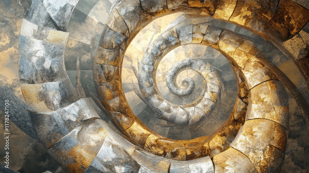 Poster A shimmering gold and silver mosaic spiral with cloudy skies in the background, creating a visually striking and abstract piece of art