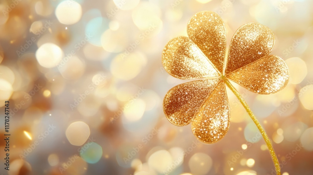 Poster a shimmering golden glitter shamrock on a soft bokeh background, representing good luck and positive