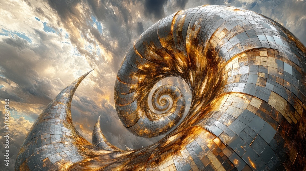 Poster A shimmering gold and silver mosaic spiral with cloudy skies in the background, creating a visually striking and abstract piece of art