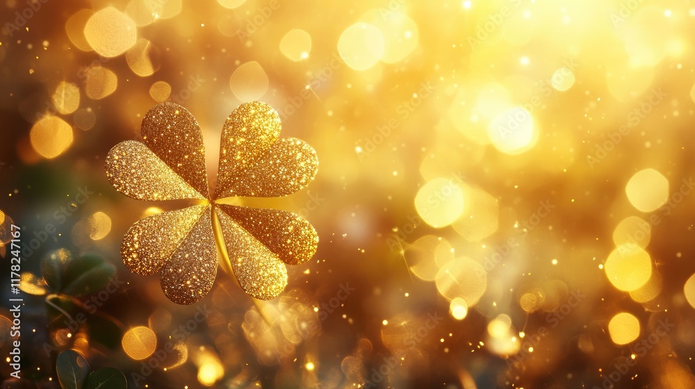 Poster a shimmering golden glitter shamrock on a soft bokeh background, representing good luck and positive