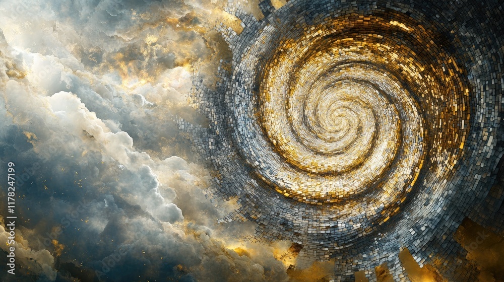 Poster a shimmering spiral of gold and silver mosaic pieces set against a dramatic cloudy sky, creating a s