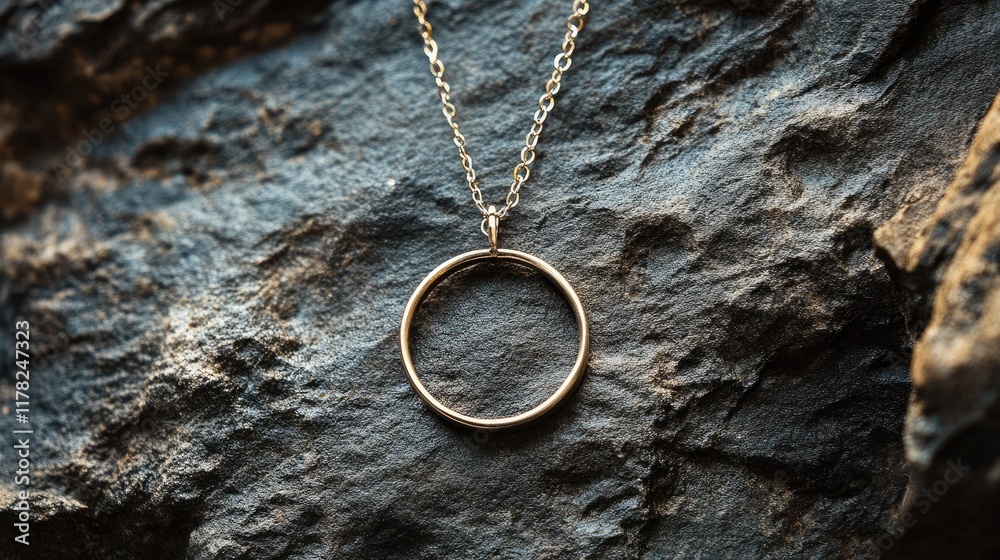 Poster a simple, minimalist hanging circle pendant set against a textured stone background, creating a sere