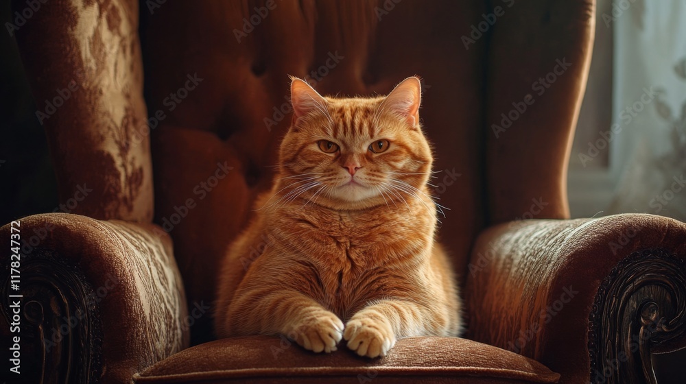 Poster a fat cat perched on a plush armchair, looking directly at the camera with an inquisitive expression