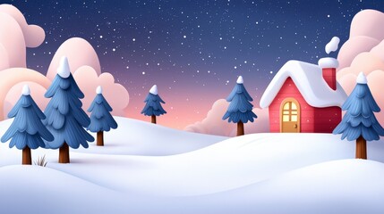 Fototapeta premium Cozy Winter Landscape with Red House and Snowy Pine Trees Under Starry Sky at Dusk