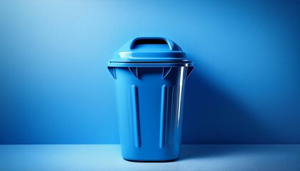 a blue trash can against a blue background
