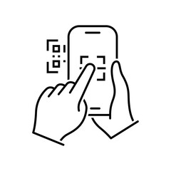 QR code scanning mobile phone in line style icon. Barcode scanner for pay PNG symbol. Hand holding scan QR code signs. vector illustration for apps and website
