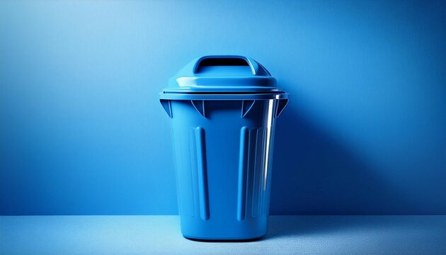 a blue trash can against a blue background
