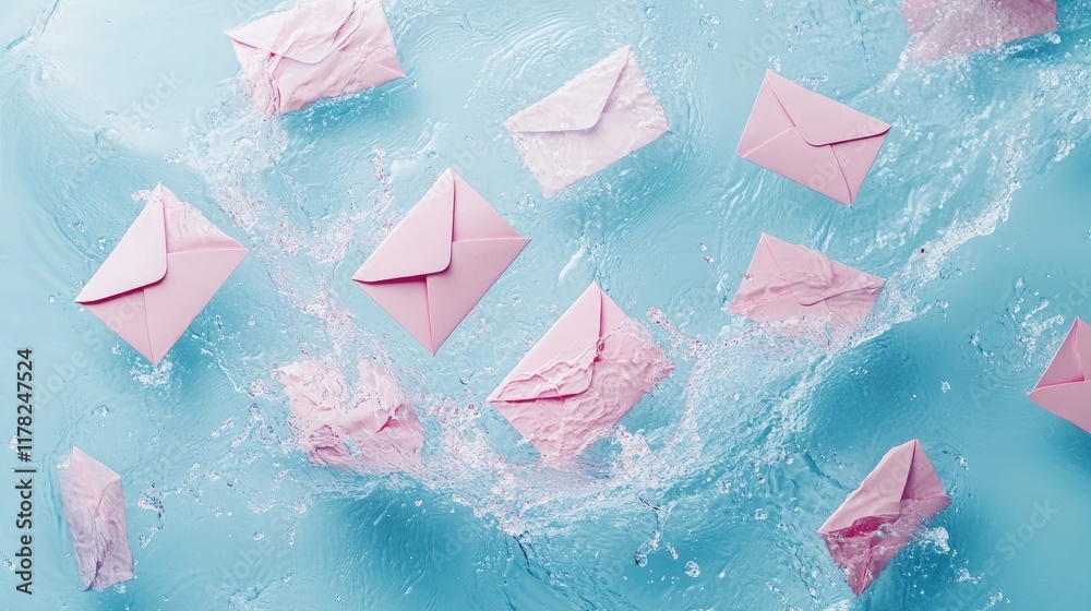Poster a soft, romantic composition of pink love letters gently floating on a calm blue background, with wa