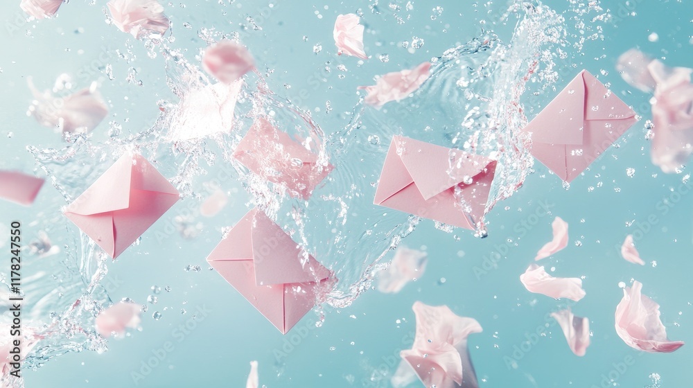 Poster a soft, romantic composition of pink love letters gently floating on a calm blue background, with wa