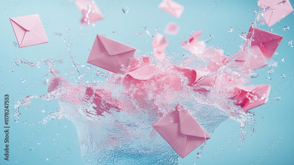 Poster a soft, romantic composition of pink love letters gently floating on a calm blue background, with wa