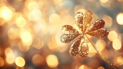 A sparkling golden glitter shamrock against a dreamy bokeh backdrop, evoking good fortune and magical vibes with a touch of elegance and charm