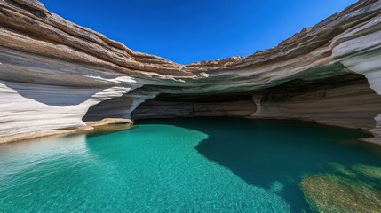 Obraz premium Serene cave with turquoise water and layered rock formations.