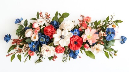 A striking floral arrangement featuring red, white, and blue blooms on a white background, evoking a sense of celebration and freshness in design