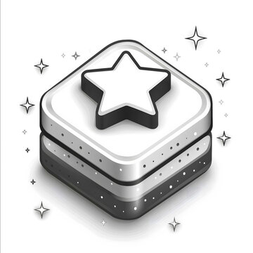 Minimalist black and white illustration of a 5 star review icon isometric perspective bold outlines no shading geometric shapes isolated white background subtle drop