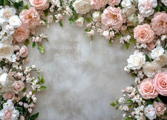 A flat lay composition of delicate pink and white flowers, including roses and peonies, arranged in the upper right corner on an empty background with space for text or graphics. --ar 32:23 --v 6.1 Jo