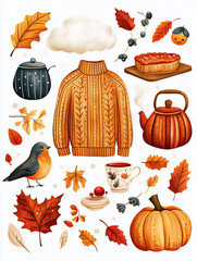 Cozy autumn elements sweater, teapot, leaves, bird, pumpkin, pie, berries.