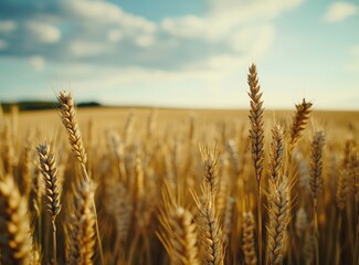Fototapeta premium A golden wheat field under the blue sky, a picturesque scene of nature's abundance. The grain is ready for harvest in autumn. Close-up of a golden ear of wheat, with a background of a landscape 