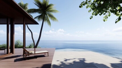 Serene ocean view from a modern deck surrounded by palm trees.