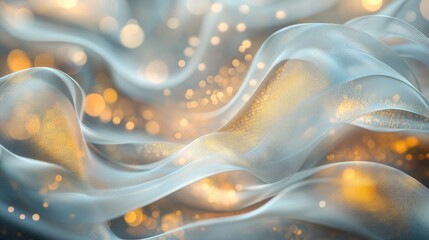 A stunning display of metallic wave patterns interwoven with golden bokeh lights, creating an...