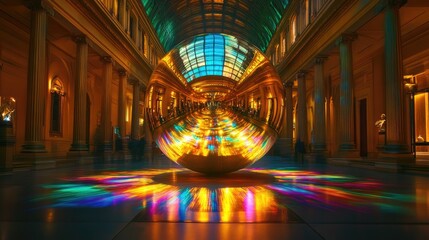 Obraz premium A stunning golden sphere at the center of a grand museum hall, reflecting vibrant, colorful lights from all angles, creating a mesmerizing visual display