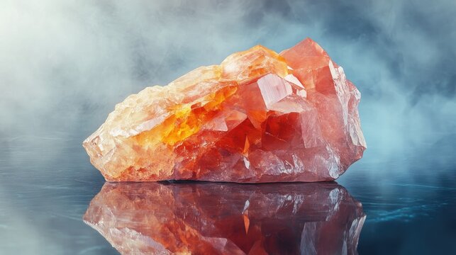 A stunning raw red baryte mineral specimen sitting on a reflective surface, showcasing its vibrant color and crystalline structure with intricate details