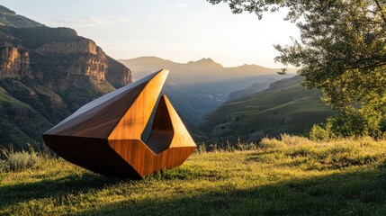 A stunning wooden sculpture positioned in a serene mountain landscape at dawn, with the rising sun casting a warm glow on the natural beauty surrounding it