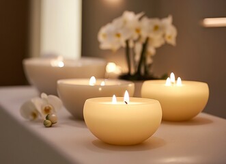 A group of candles in various sizes and shapes, flickering softly on the table at a spa salon for massage with floral decor. A luxurious atmosphere created by soft lighting and a relaxing ambiance,