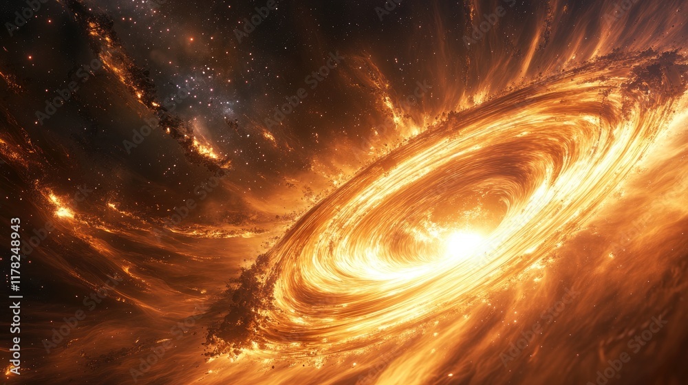 Poster a superfluid vortex in deep space, glowing with spiraling lines of light, capturing the beauty and m