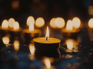 A group of lit candles in the dark, creating an atmosphere of tranquility and reflection on a black background with bokeh lights. The focus is sharp against the blurred light spots from the candle 