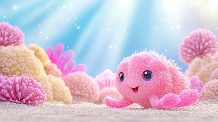 Fototapeta premium Cute and Colorful Underwater Character Surrounded by Vibrant Coral Reefs in a Bright Ocean Environment