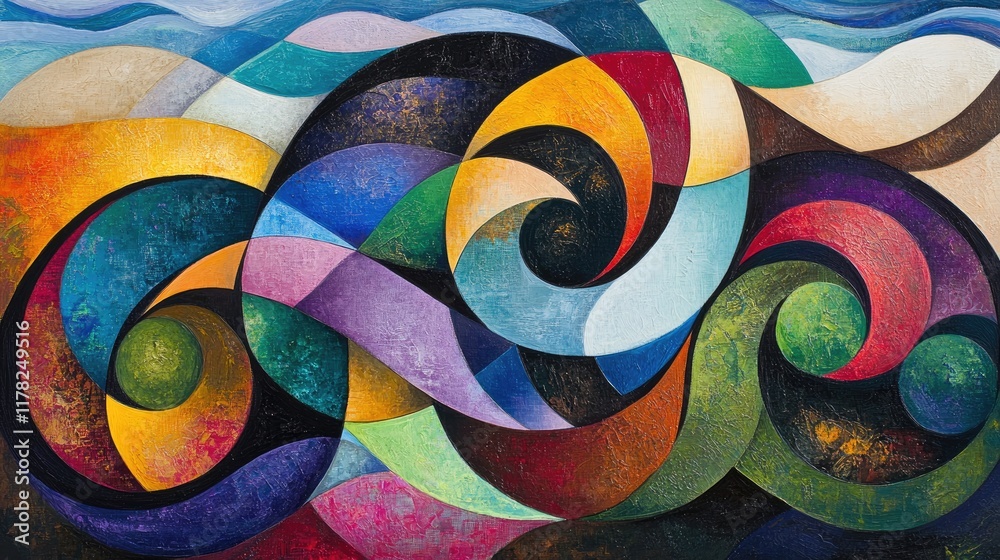 Poster A vibrant abstract swirl of colorful wave patterns, creating dynamic, energetic movement with rich textures and artistic depth