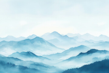 Obraz premium Serene Watercolor Painting of Majestic Mountains in Soft Blue Tones