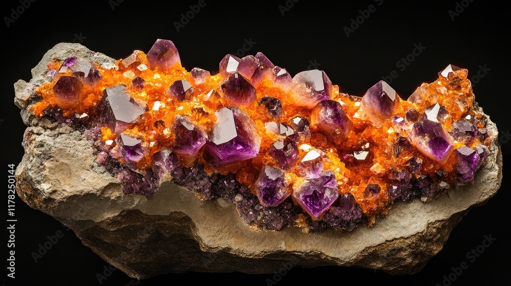 Poster a vivid display of orange and purple crystals embedded in a raw mineral rock formation, capturing th