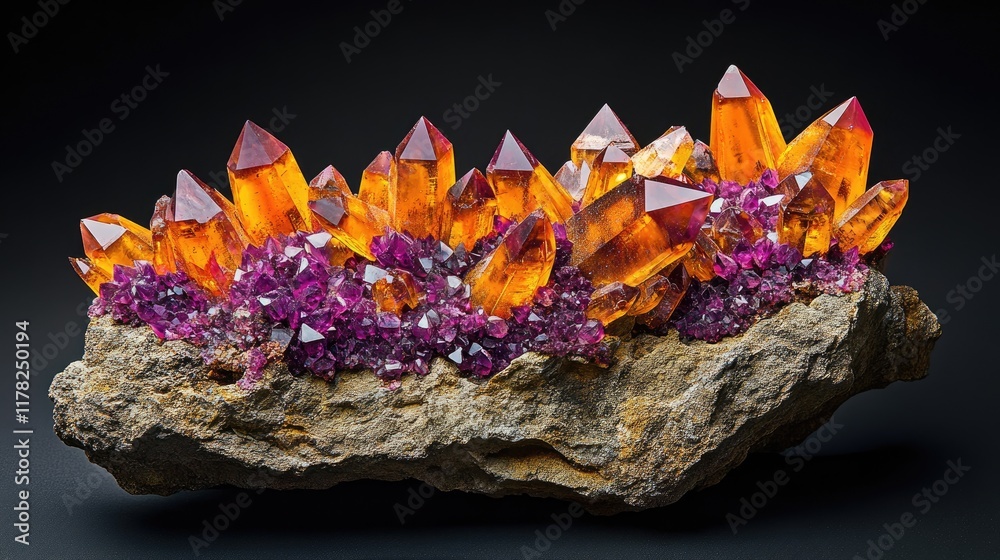 Poster a vivid display of orange and purple crystals embedded in a raw mineral rock formation, capturing th