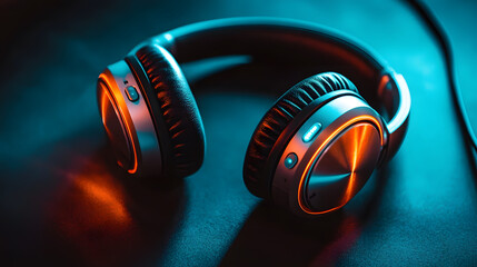 Naklejka premium Noise canceling headphones with soft glowing design, perfect for immersive listening experiences. Enjoy high quality sound and comfort in stylish package