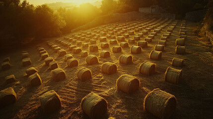 Obraz premium Golden sunset illuminating rows of hay bales in a field.
