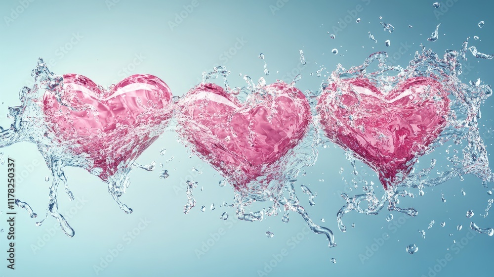 Poster a whimsical design of floating pink love letters with a soft water splash effect on a calm blue back