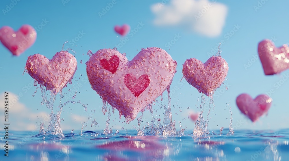 Poster a whimsical design of floating pink love letters with a soft water splash effect on a calm blue back