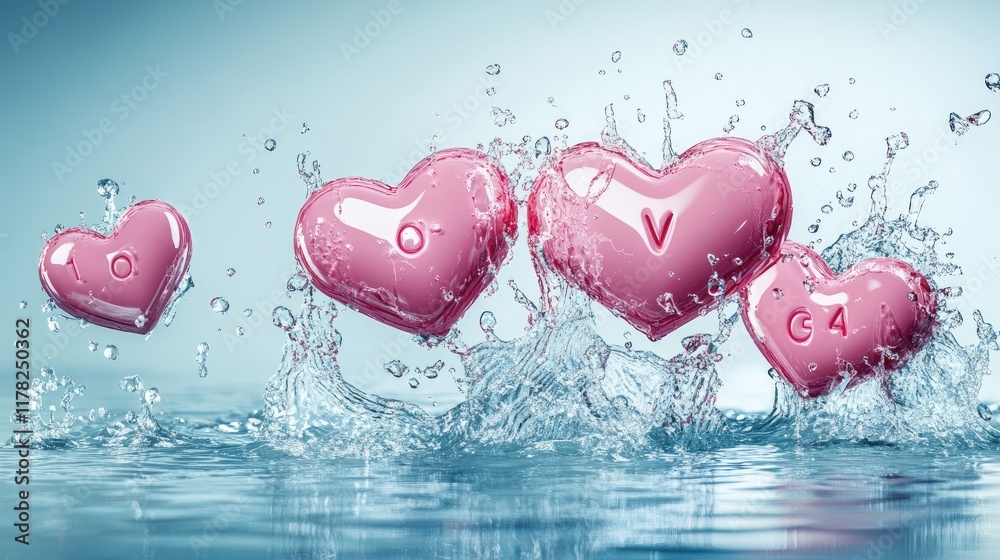 Poster a whimsical design of floating pink love letters with a soft water splash effect on a calm blue back