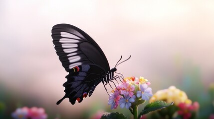 A butterfly perched on colorful flowers in a serene setting.