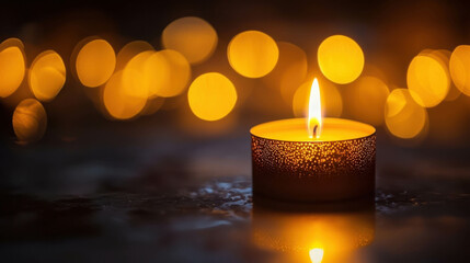 Single Candle Flickering in the Dark, Soft Light Illuminating Surroundings