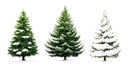 Fototapeta premium Three distinct Christmas trees display vibrant greenery and snow effects, perfect for festive decor during the holiday season